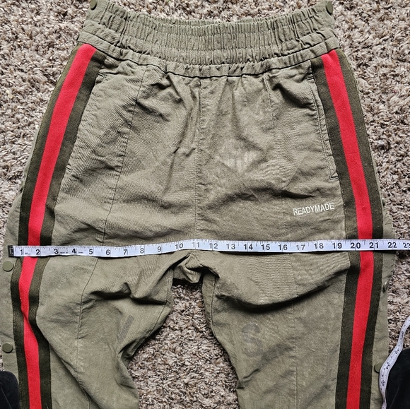 READYMADE Army green Khaki Red stripe clips on sides track pants joggers S-M - Picture 7 of 11